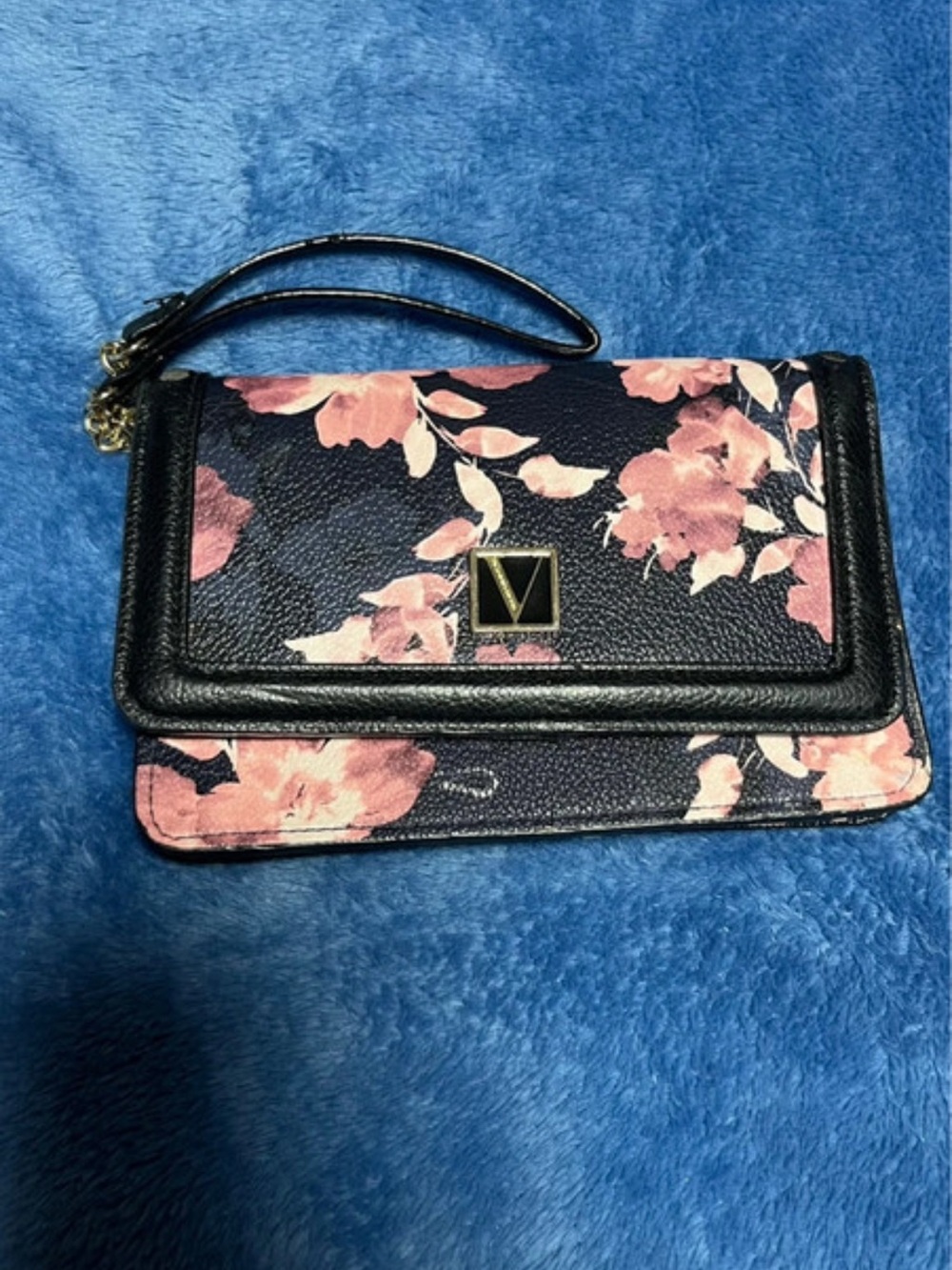 Victoria's Secret Black Wristlet Clutch with Pink Floral Print